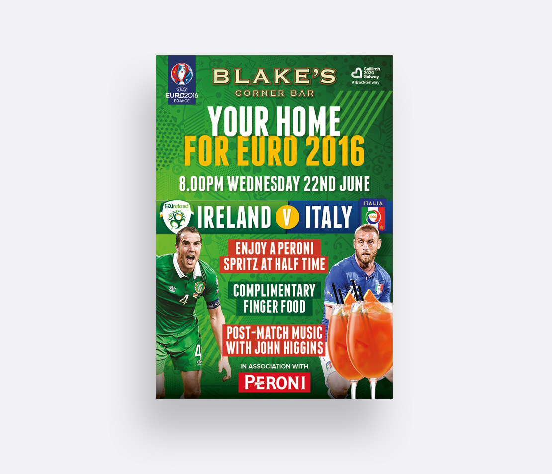 Blake's Corner Bar Euro 2016 Peroni drinks promotion A2 poster