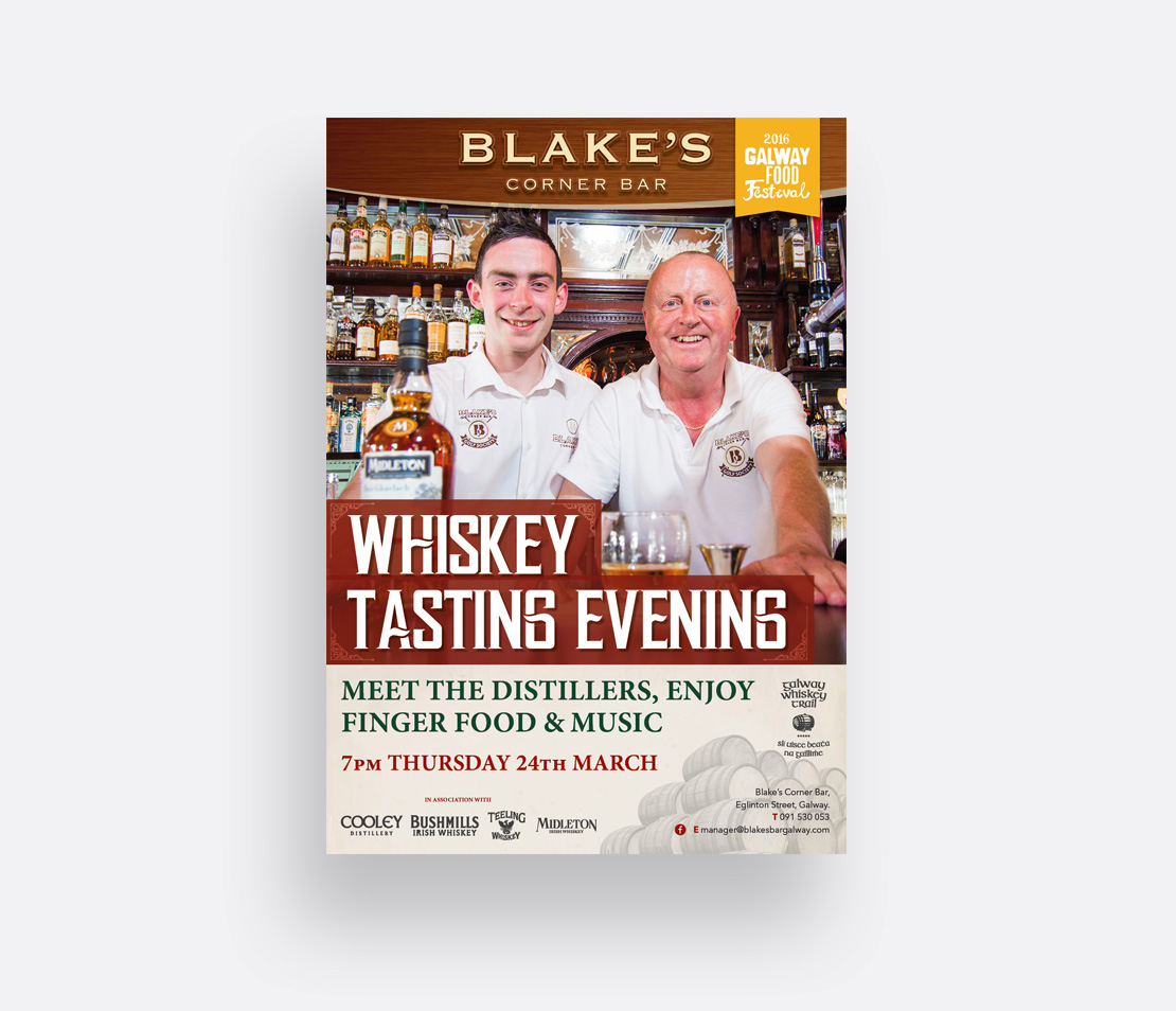 Blake's Corner Bar 'Meet the Distillers' Whiskey Tasting Evening promotional A2 poster