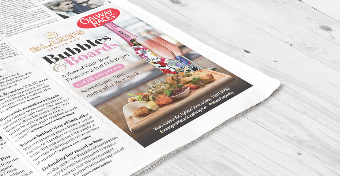 Blake's Bar Galway Races 'Bubbles & Boards' newspaper ad