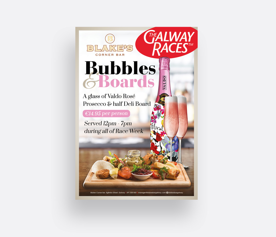 Blake's Bar Galway Races 'Bubbles & Boards' promotional A2 poster