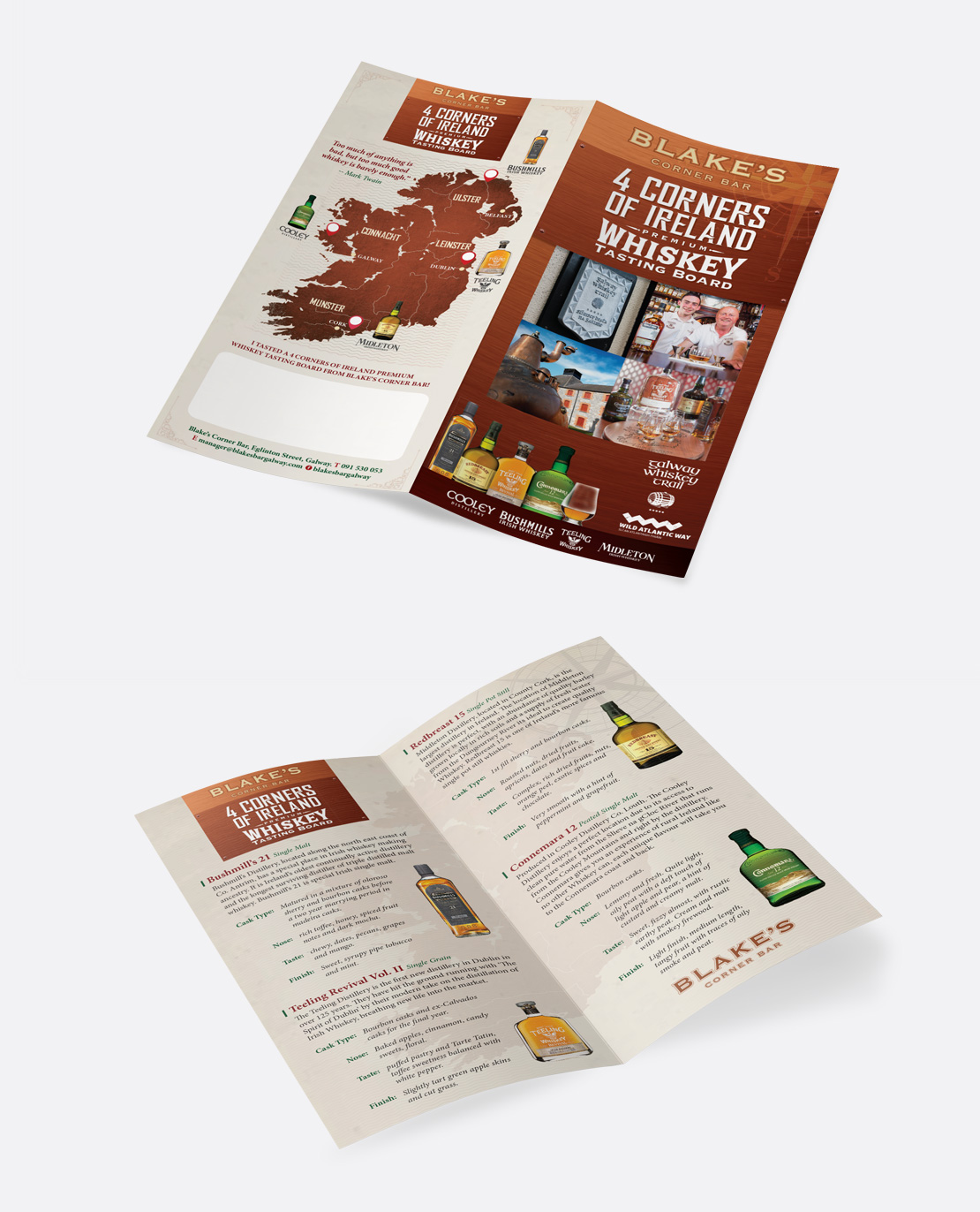 Blake's Corner Bar '4 Corners of Ireland' Whiskey Tasting Board 4-page DL brochure
