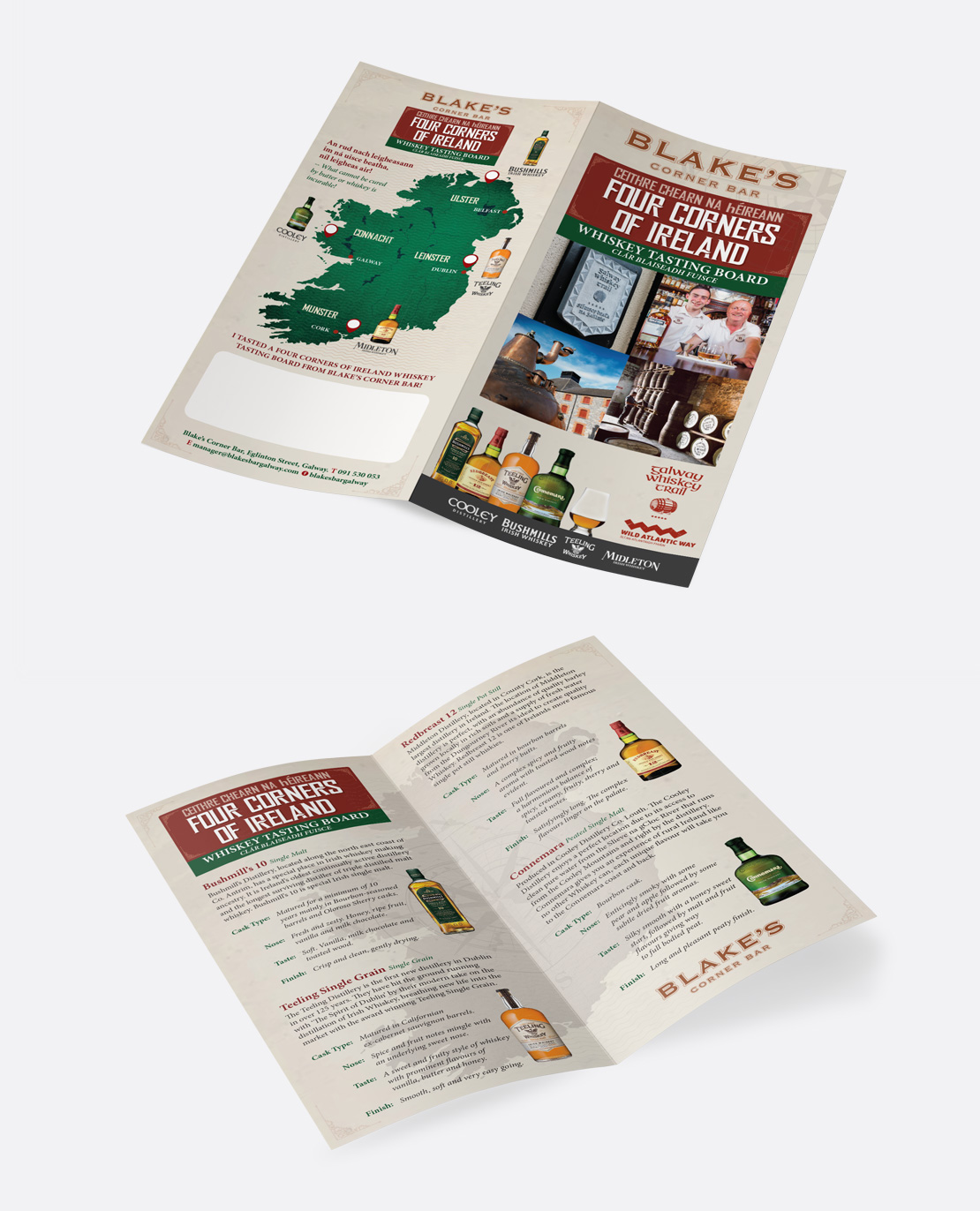 Blake's Corner Bar '4 Corners of Ireland' Whiskey Tasting Board 4-page DL brochure