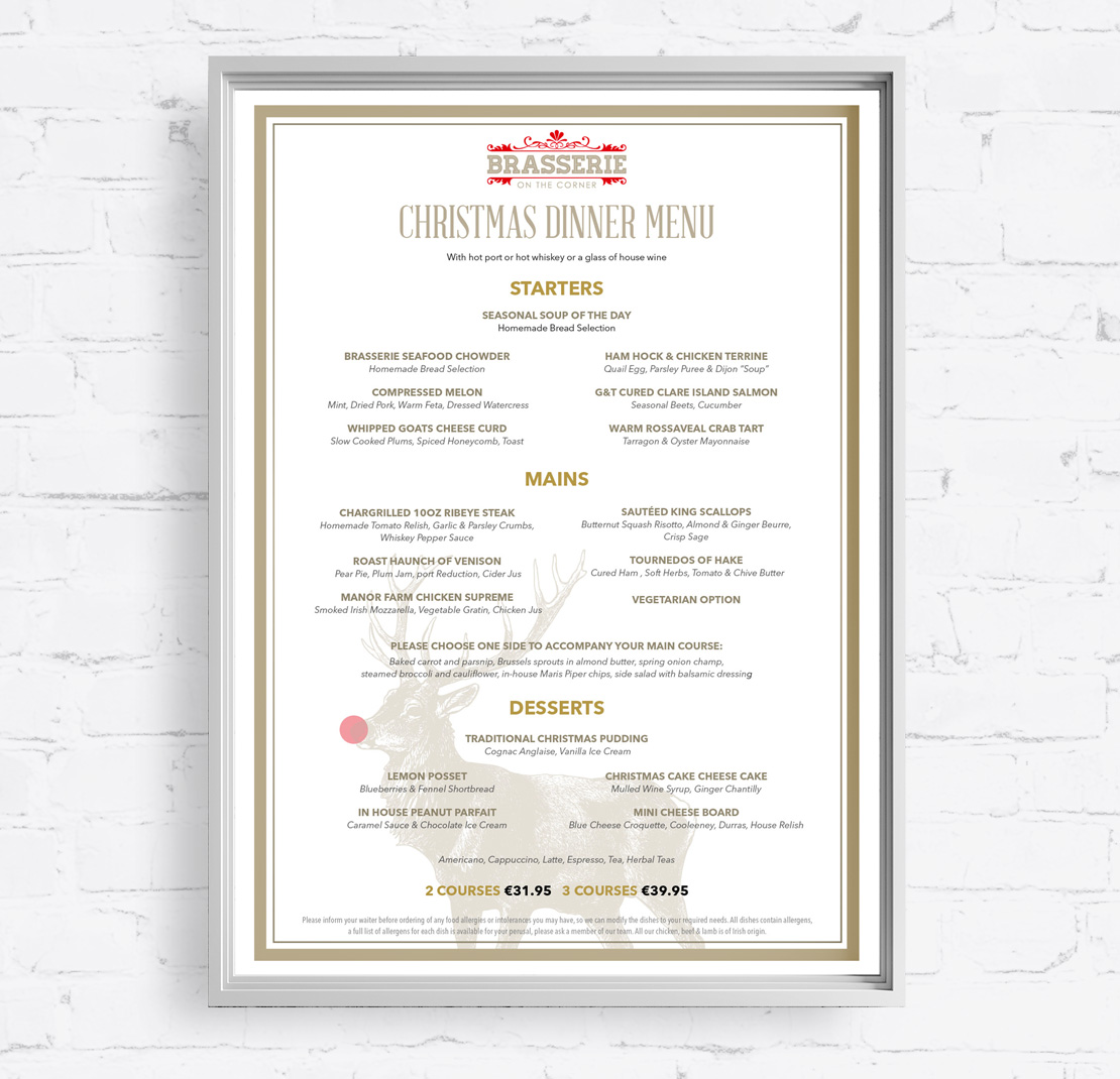 Brasserie on the Corner Christmas Dinner wall menu