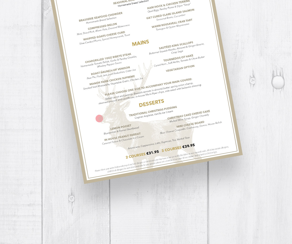 Brasserie on the Corner Christmas Dinner A4 table menus