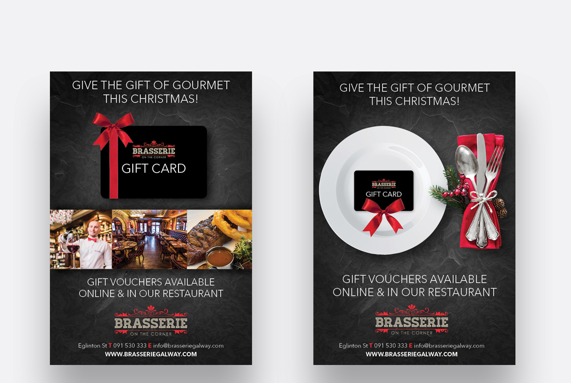 Brasserie on the Corner newspaper and magazine ads promoting their gift cards