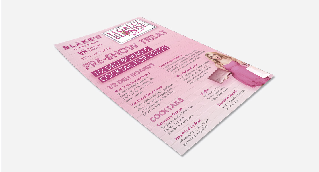 Blake's Bar Town Hall Theatre Promotional A4 menu