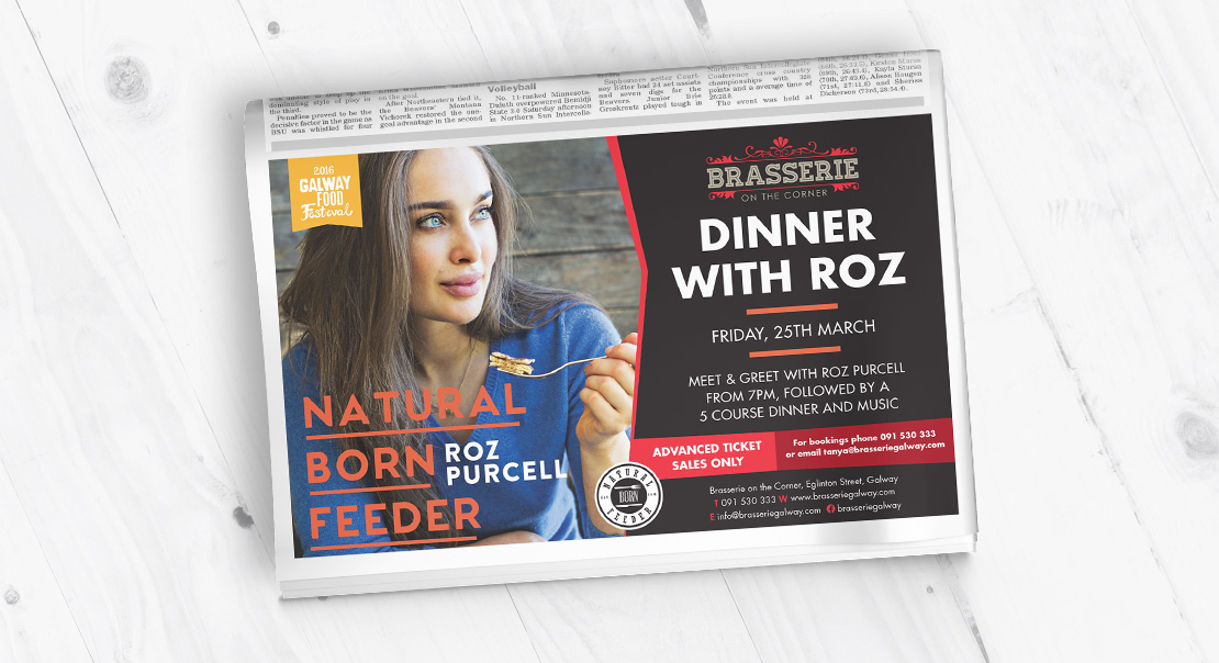 Brasserie on the Corner 'Roz Purcell's 'Natural Born Feeder' newspaper ad