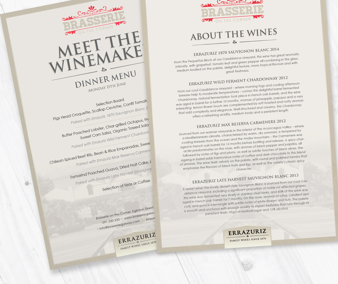 Brasserie on the Corner Errazuriz Vineyard 'Meet the Winemaker' menu