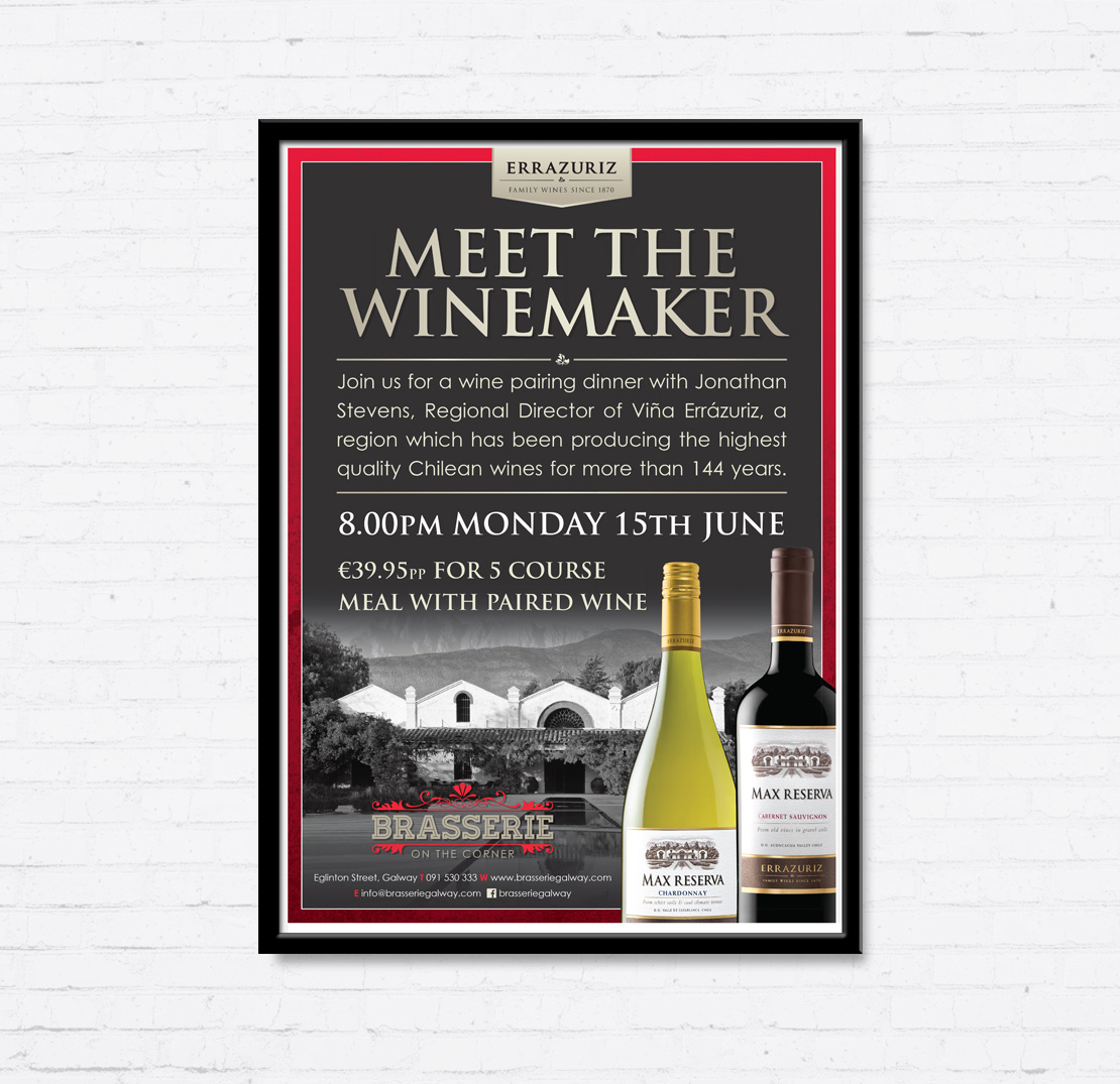 Brasserie on the Corner Errazuriz Vineyard 'Meet the Winemaker' promotional A2 poster