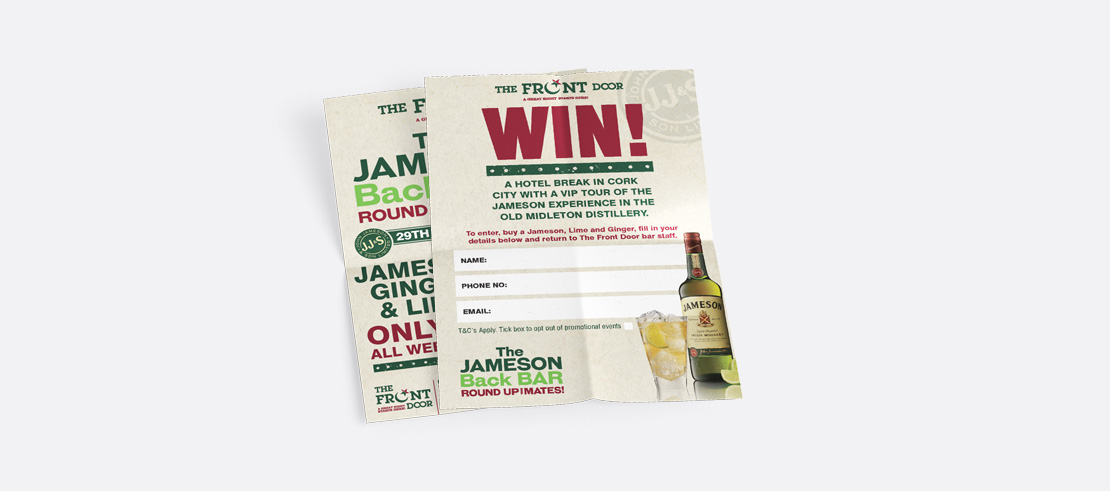 The Front Door Jameson Whiskey Special Event promotional A6 flyers