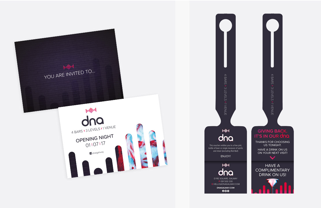 dna opneing night invitations (left) and promotional jacket tags (right)