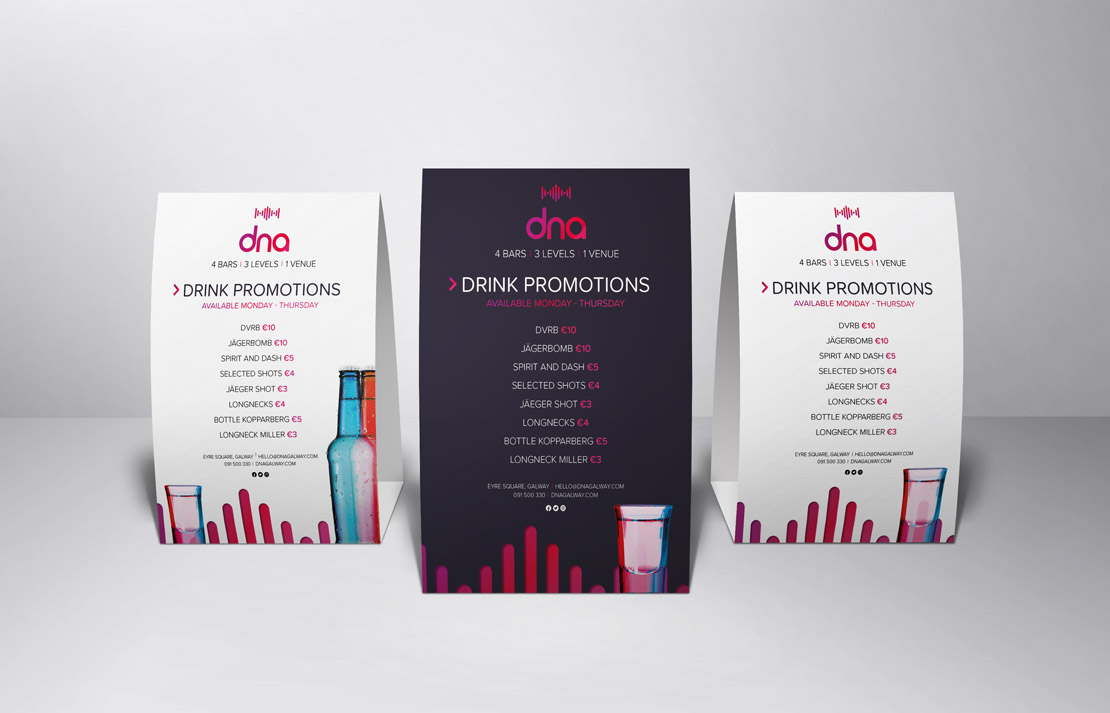 dna A5 promotional tent cards