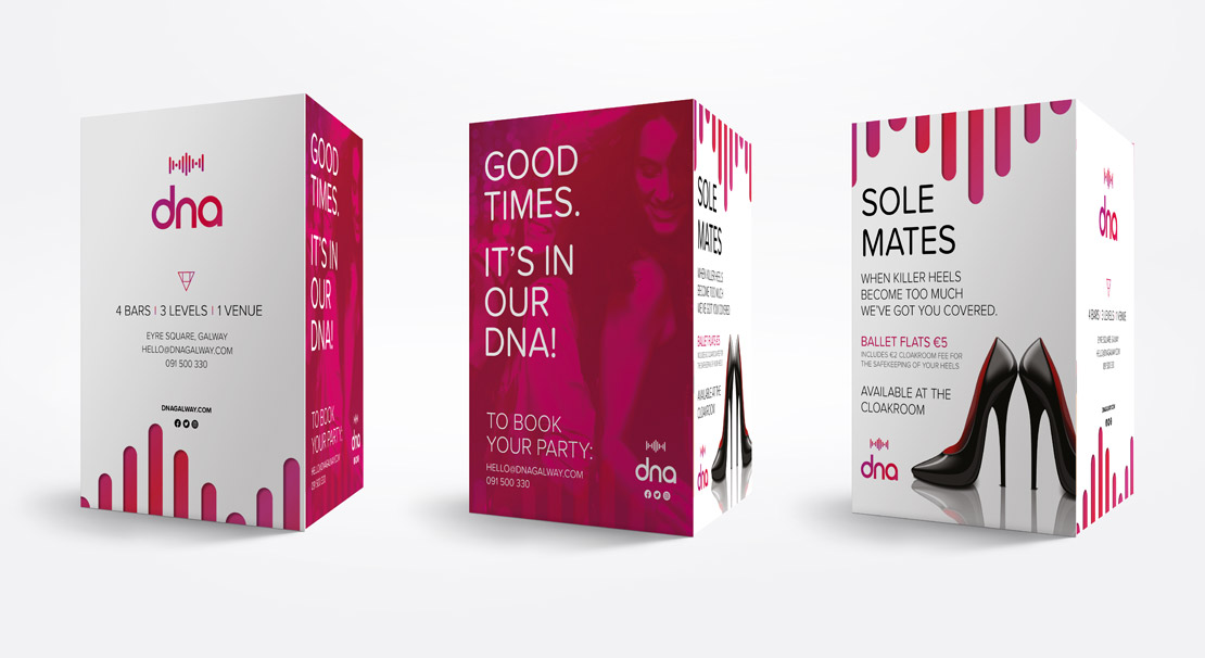 dna A5 table toppers with in-house promotions