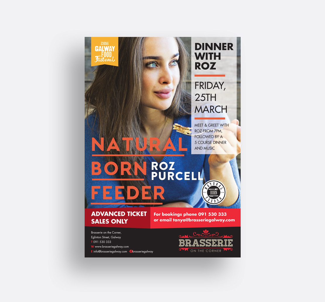 Brasserie on the Corner 'Roz Purcell's 'Natural Born Feeder' promotional A2 poster